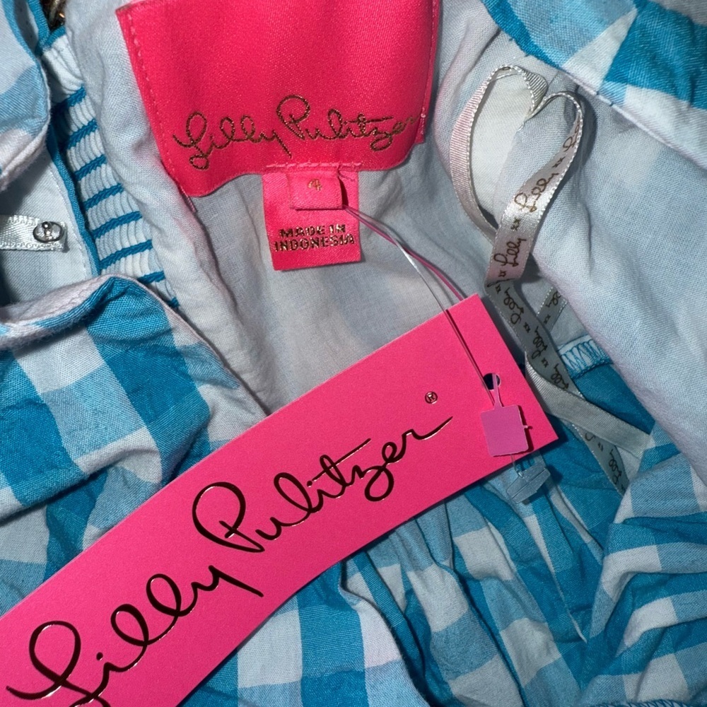 Lilly Pulitzer Blue Checkered Puff Sleeve Blouse Size 4 - Picture 5 of 7